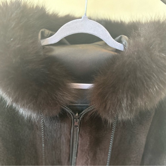 Black Sheared Beaver & Leather Reversible Coat with Fox Fur Lined Hood M/L - Picture 11 of 13